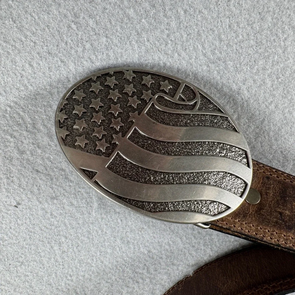 Cody James Mens 32 Brown Leather Belt American Flag Buckle Distressed Western